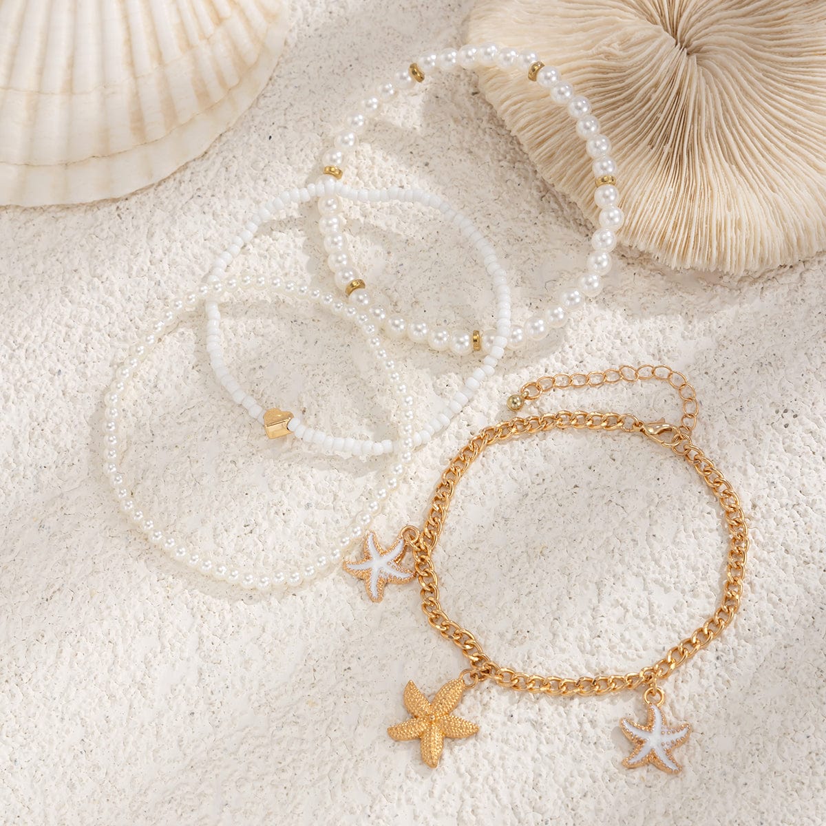 Boho 4Pcs Emalje Søm Starfish Charme Perle Seed Perle Anklet Sæt