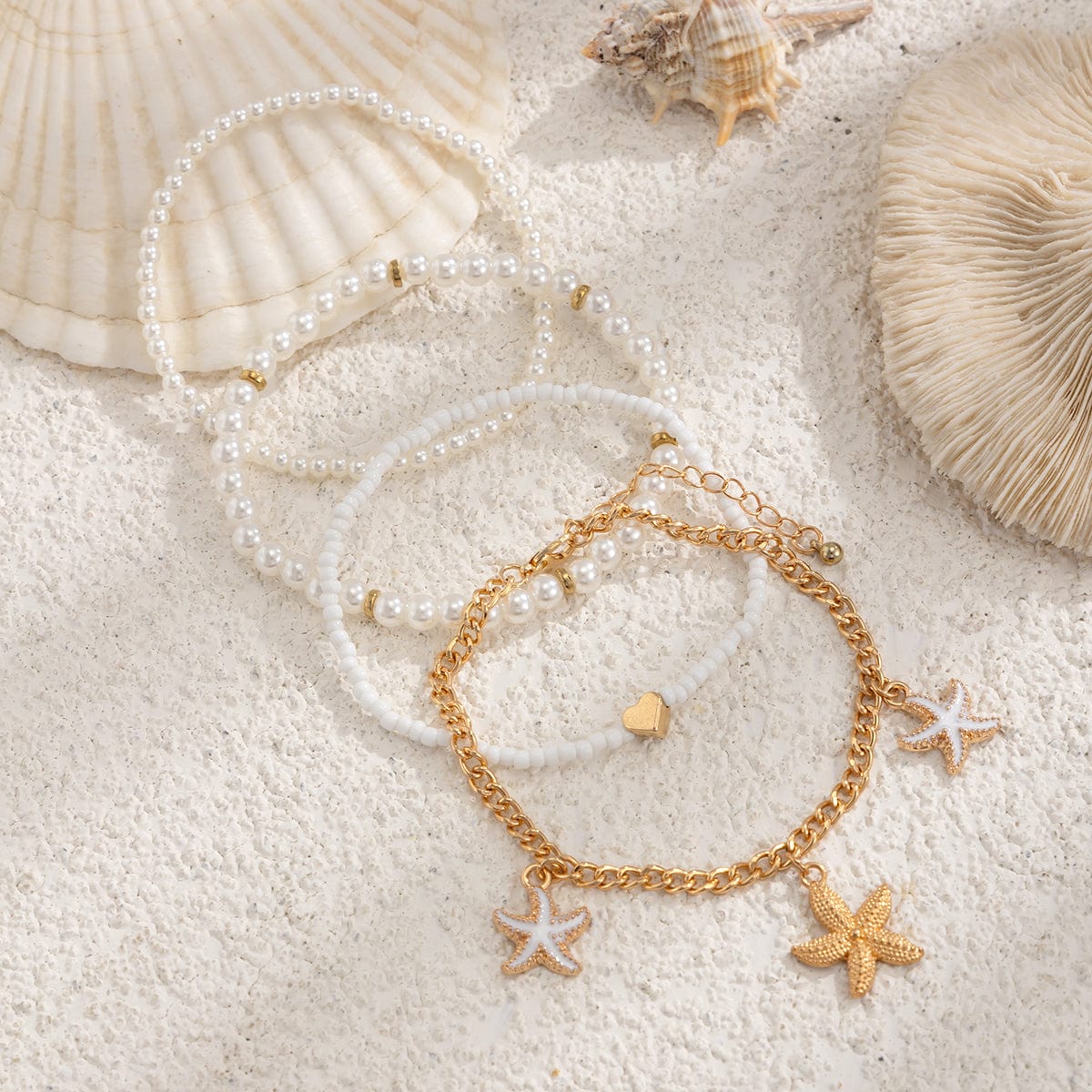 Boho 4Pcs Emalje Søm Starfish Charme Perle Seed Perle Anklet Sæt