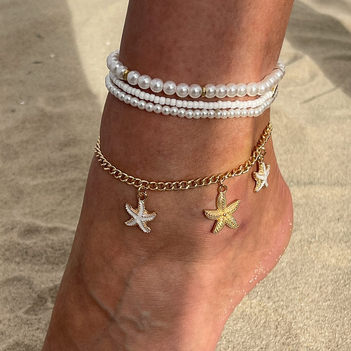 Boho 4Pcs Emalje Søm Starfish Charme Perle Seed Perle Anklet Sæt
