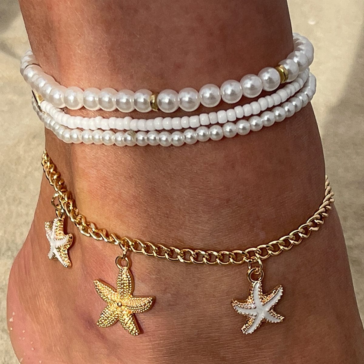 Boho 4Pcs Emalje Søm Starfish Charme Perle Seed Perle Anklet Sæt
