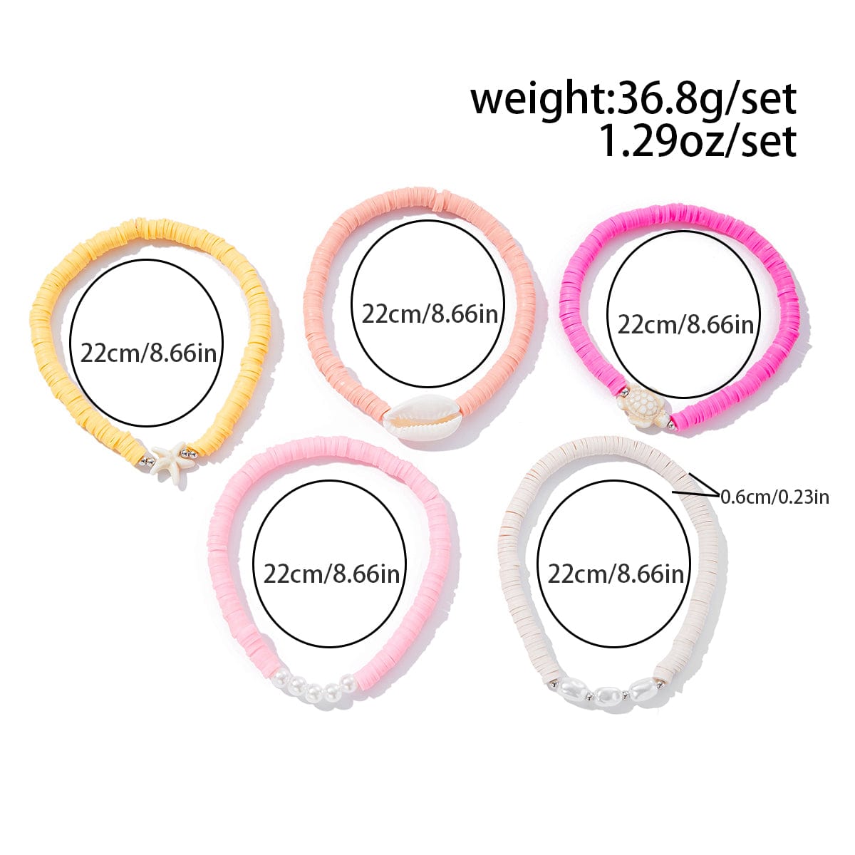 Boho 5pcs Conch Søhest Skildpadde Charme Perle Polymer Ler Perle Anklet Sæt