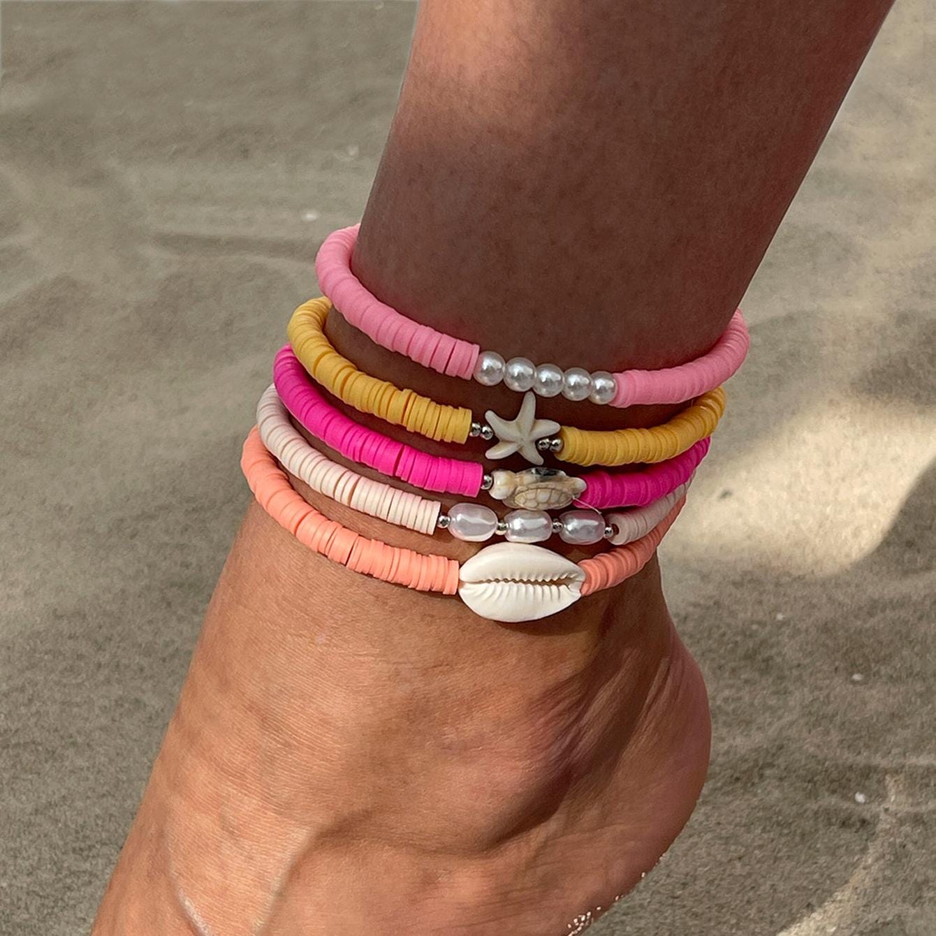 Boho 5pcs Conch Søhest Skildpadde Charme Perle Polymer Ler Perle Anklet Sæt