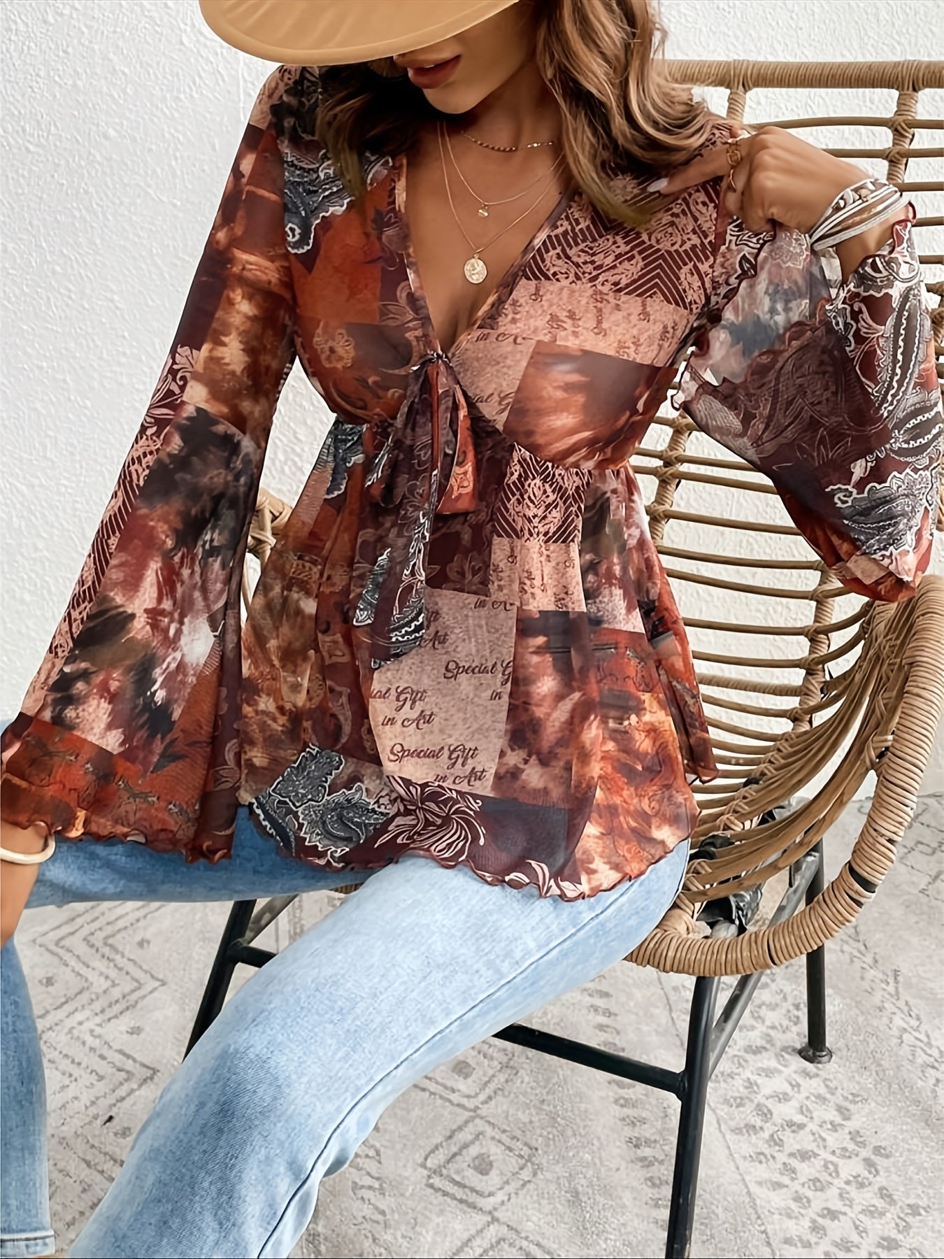 Stilla | Elegant Kjole Paisley V-Hals, Lange Ærmer & Let Mesh