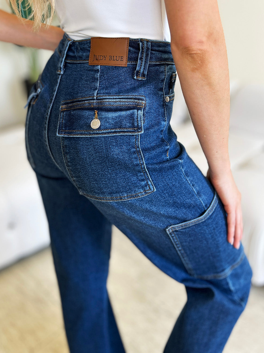 Stilla | Blå Fuld Størrelse Høj Talje Lige Cargo Jeans