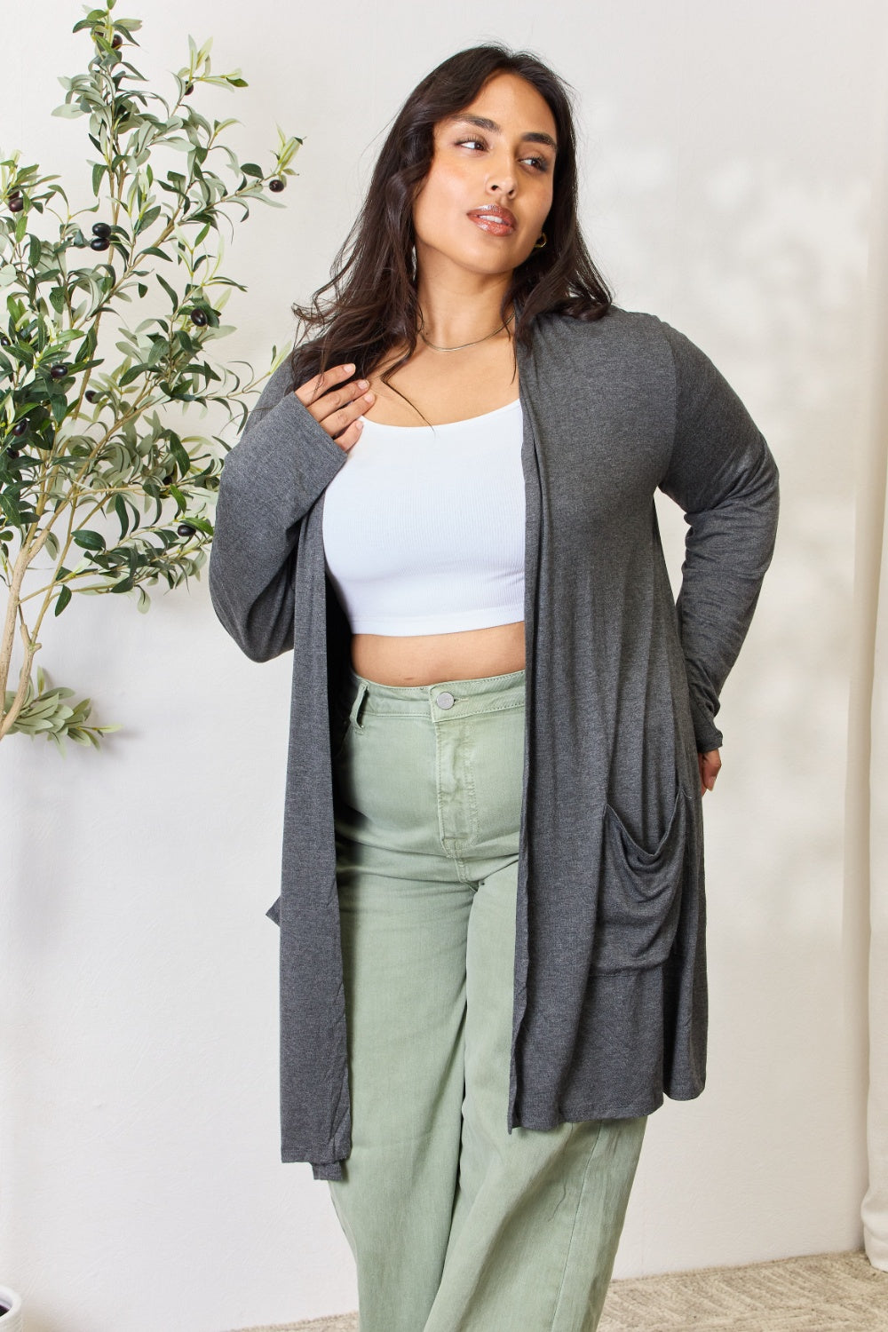 Stilla | Full Size Åben Front Cardigan med Lommer
