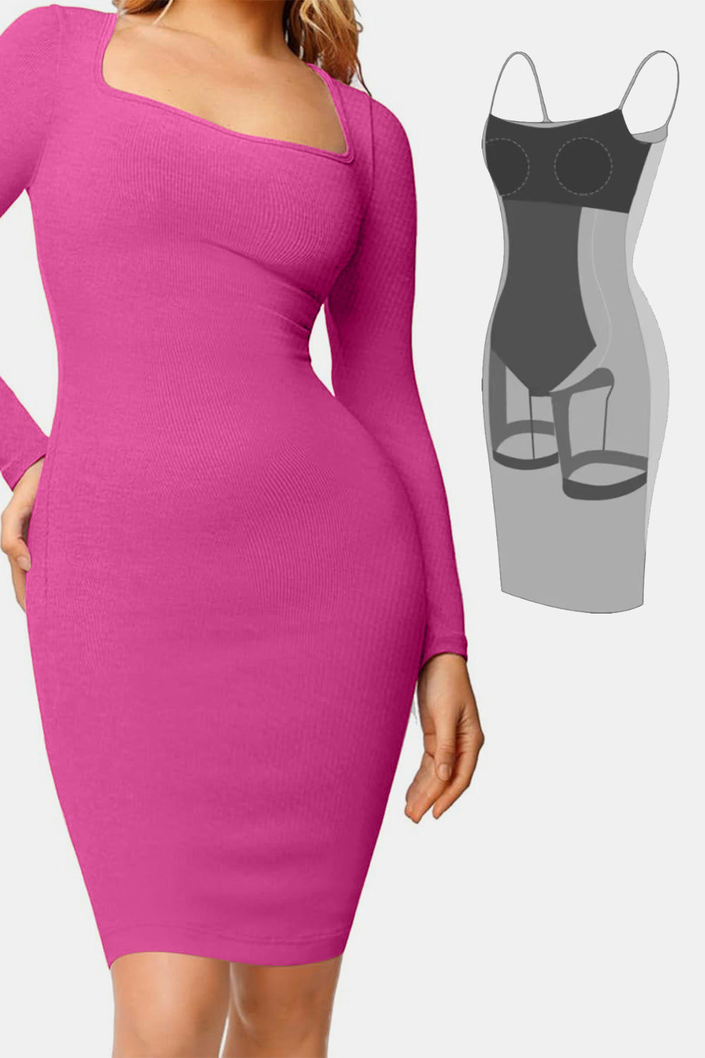 Stilla | Bae Full Size Indbygget Shapewear Square Neck Langærmet Kjole