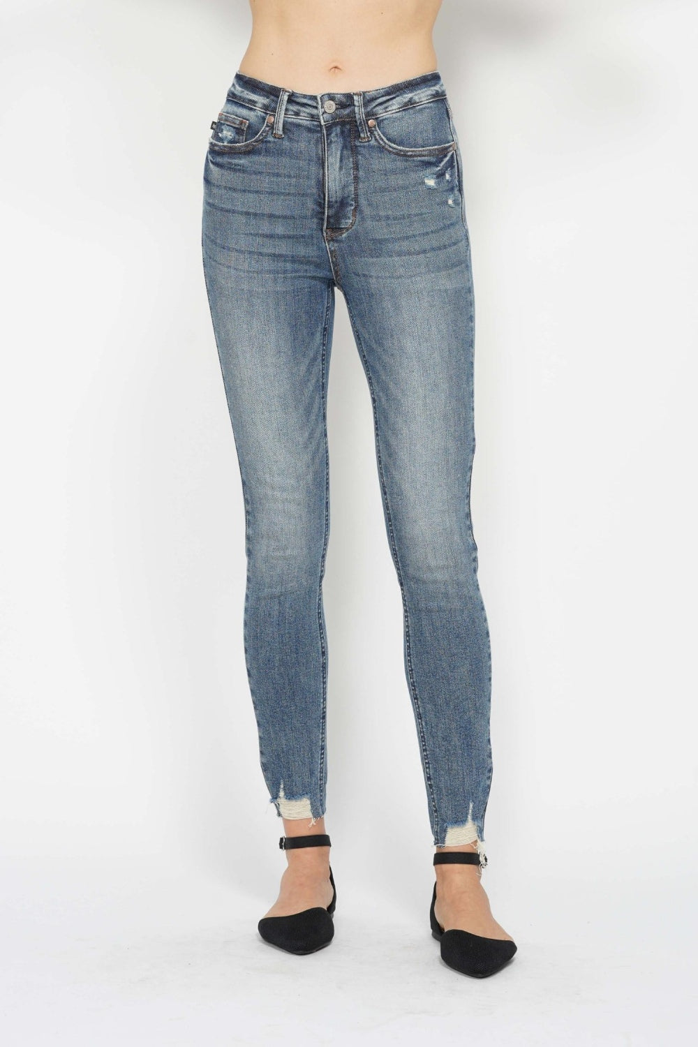 Stilla | Blå Full Size Tummy Control Vintage Wash Hem Destroy Skinny Jeans