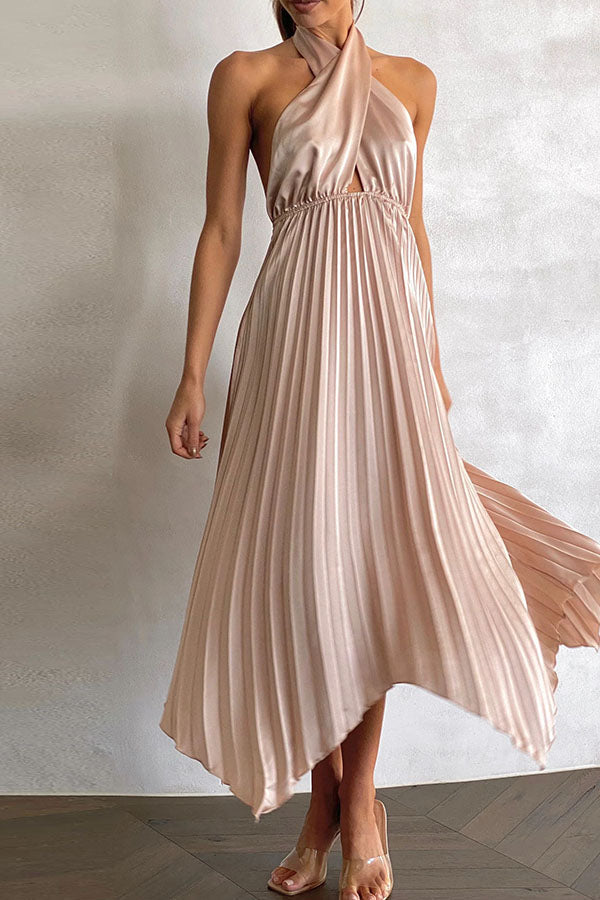 Stilla | Gina Satin Halterneck Plisseret Midi Kjole