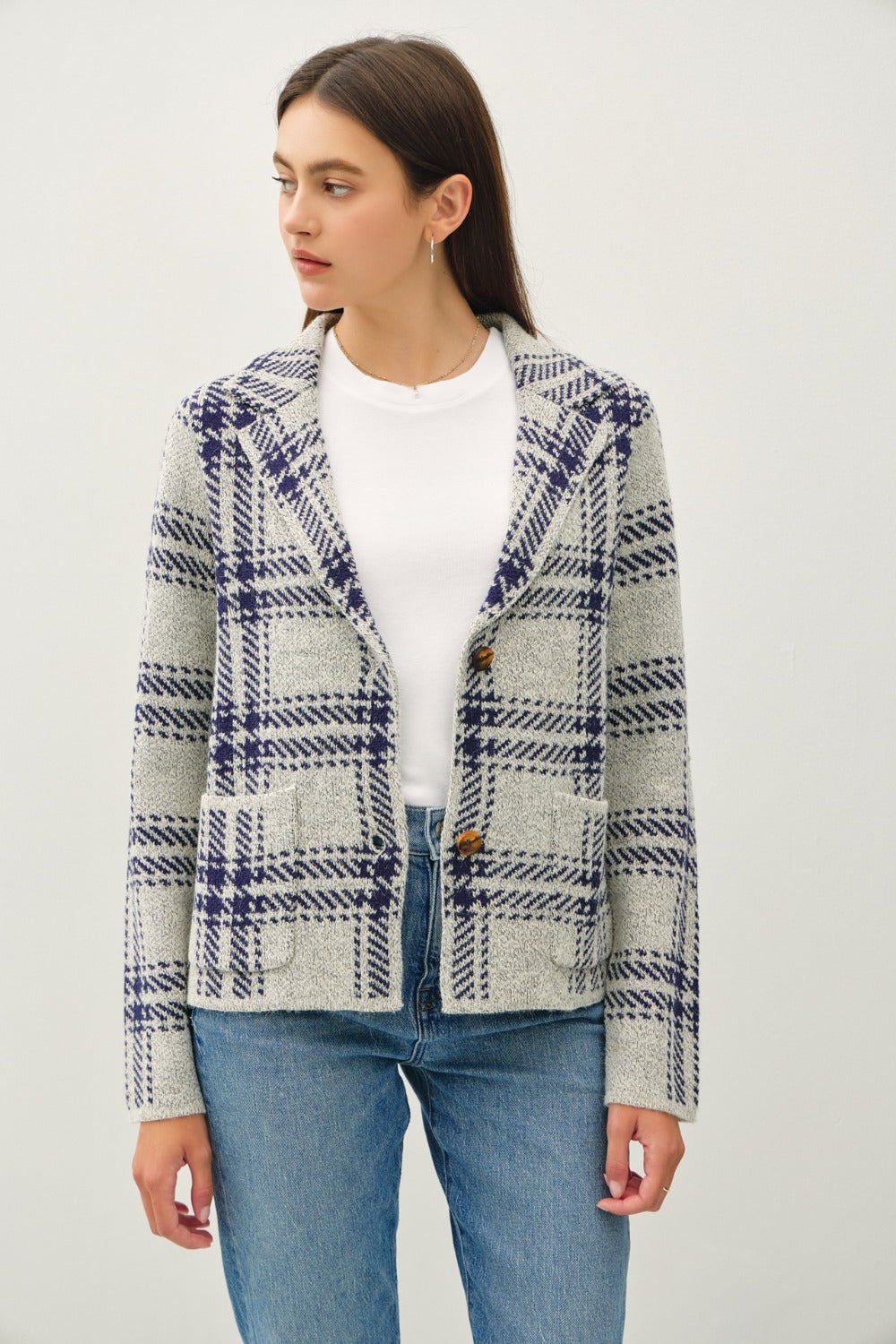 Stilla | Cool Plaid Langærmet Sweaterjakke med Foran Patcheslommer