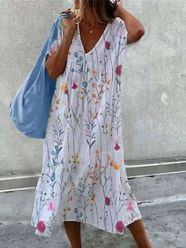 Stilla | Boho Strandkjole Til damer Sommerkjole Med V-udskæring og Korte ærmer I Blomsterprint