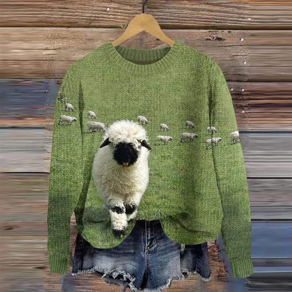 Stilla | Behagelig Strikpullover Med Rund Halsudskæring og Stray Sheep Tryk