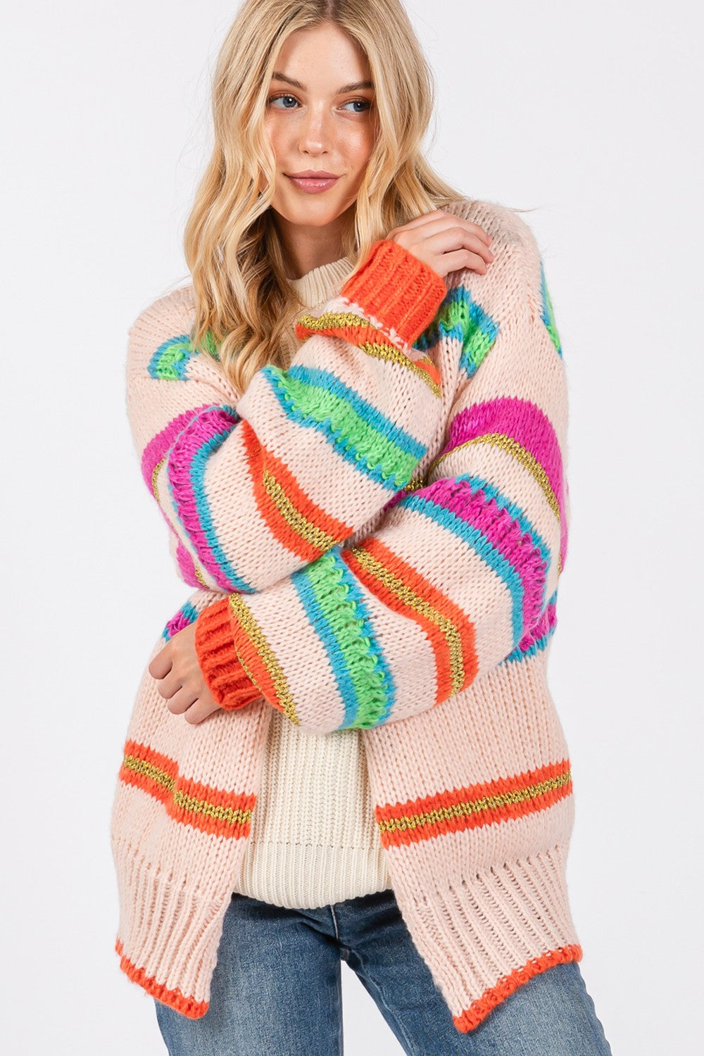 Stilla | Regnbue Stribet Åben Front Strik Cardigan