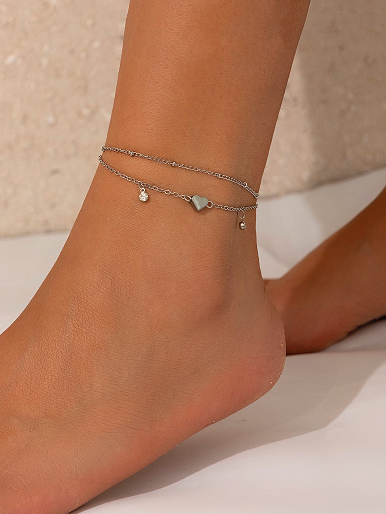 Sart 2Pcs Rhinestone Hjerte Charm Saturn Kæde Anklet Sæt