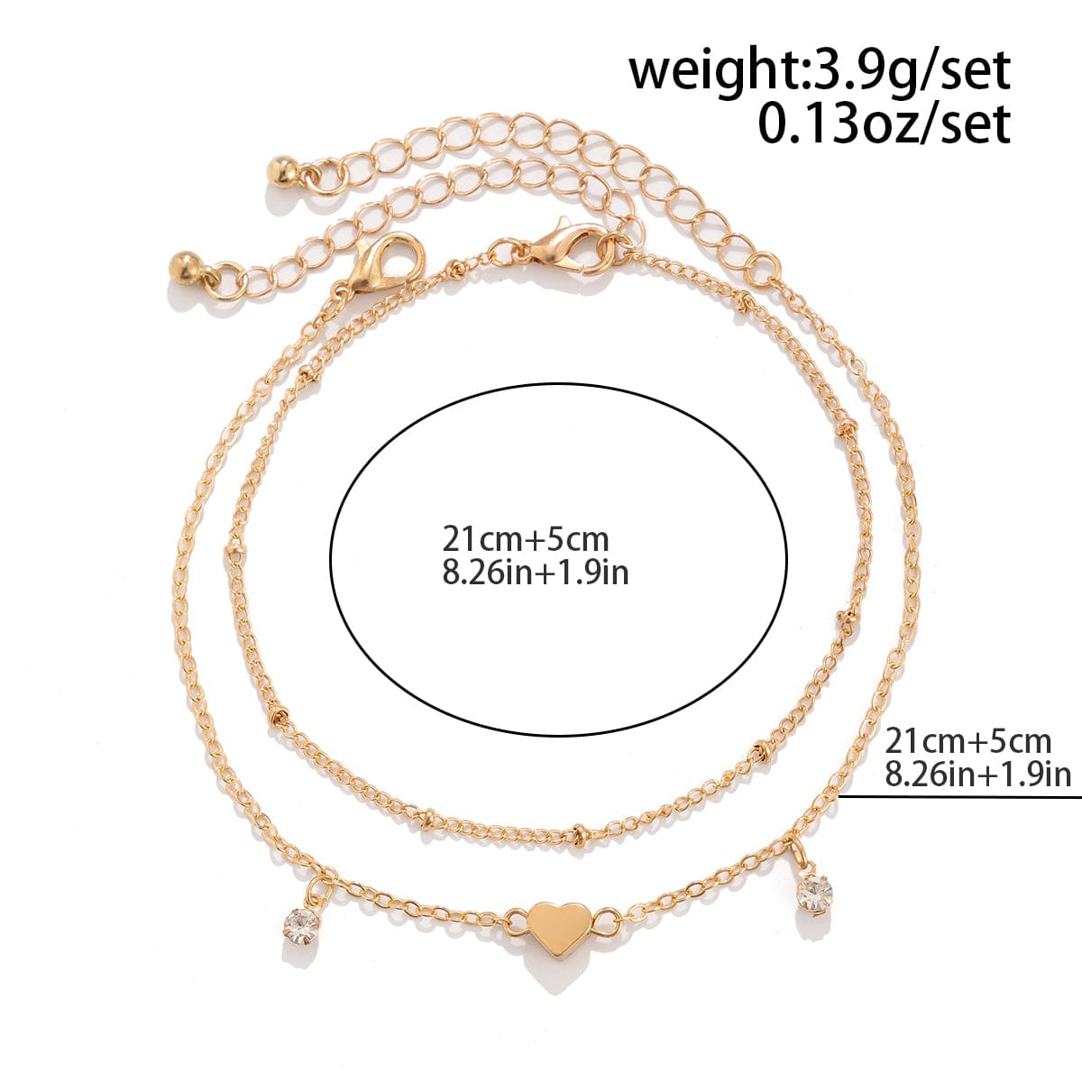 Sart 2Pcs Rhinestone Hjerte Charm Saturn Kæde Anklet Sæt