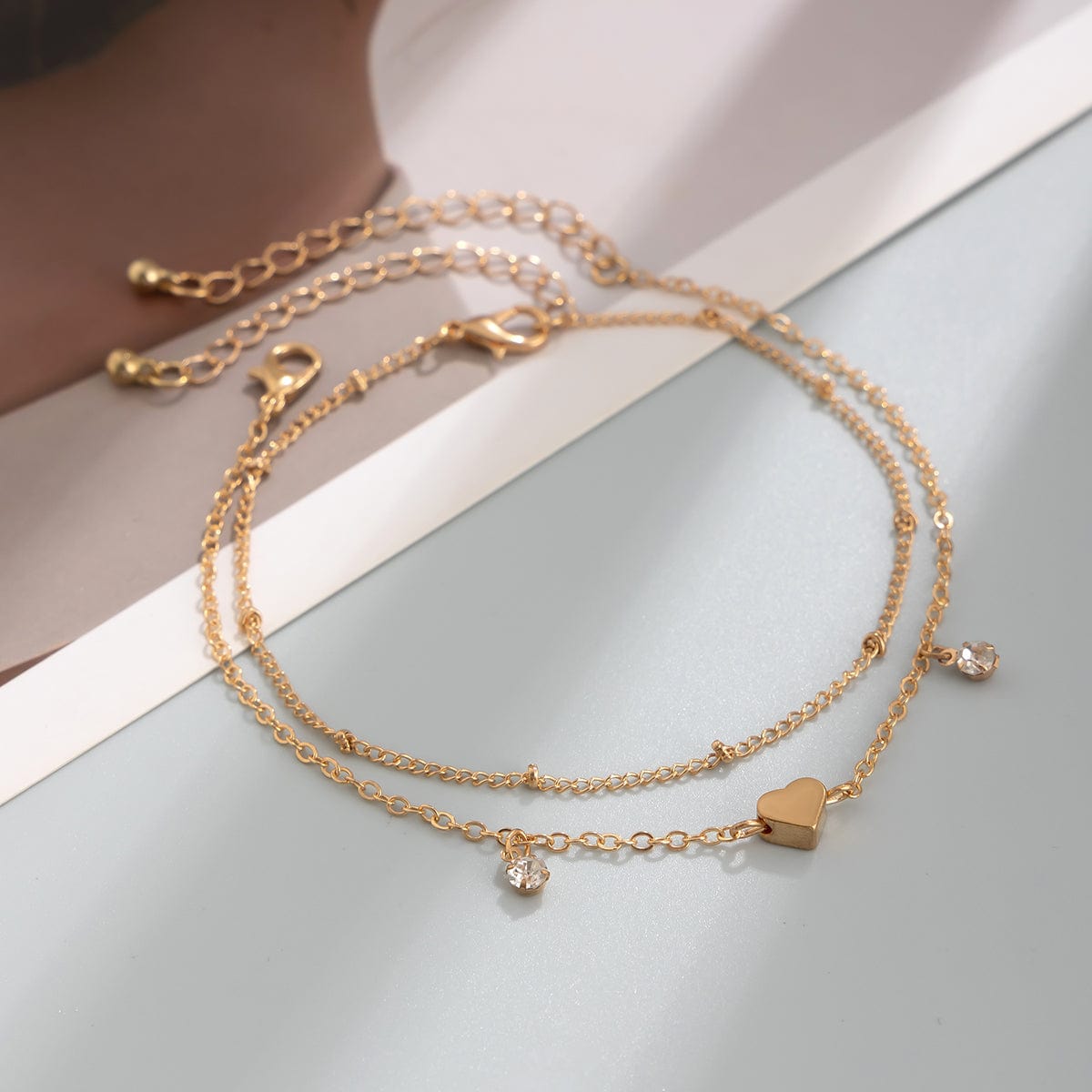 Sart 2Pcs Rhinestone Hjerte Charm Saturn Kæde Anklet Sæt