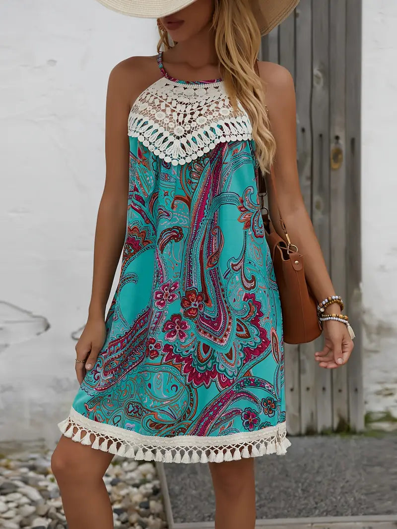 Stilla | Elegant Paisley Kjole Med Blondesøm V-Hals, Sommer Maxi Kjole