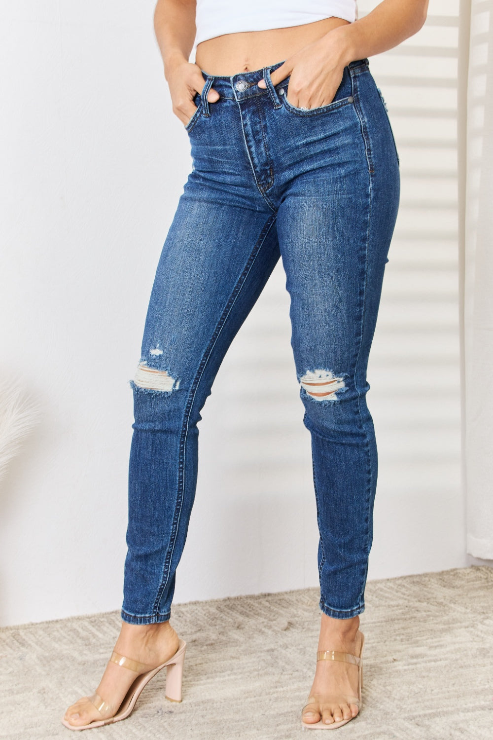 Stilla | Blå Full Size Mellemhøj Talje Distressed Slim Jeans