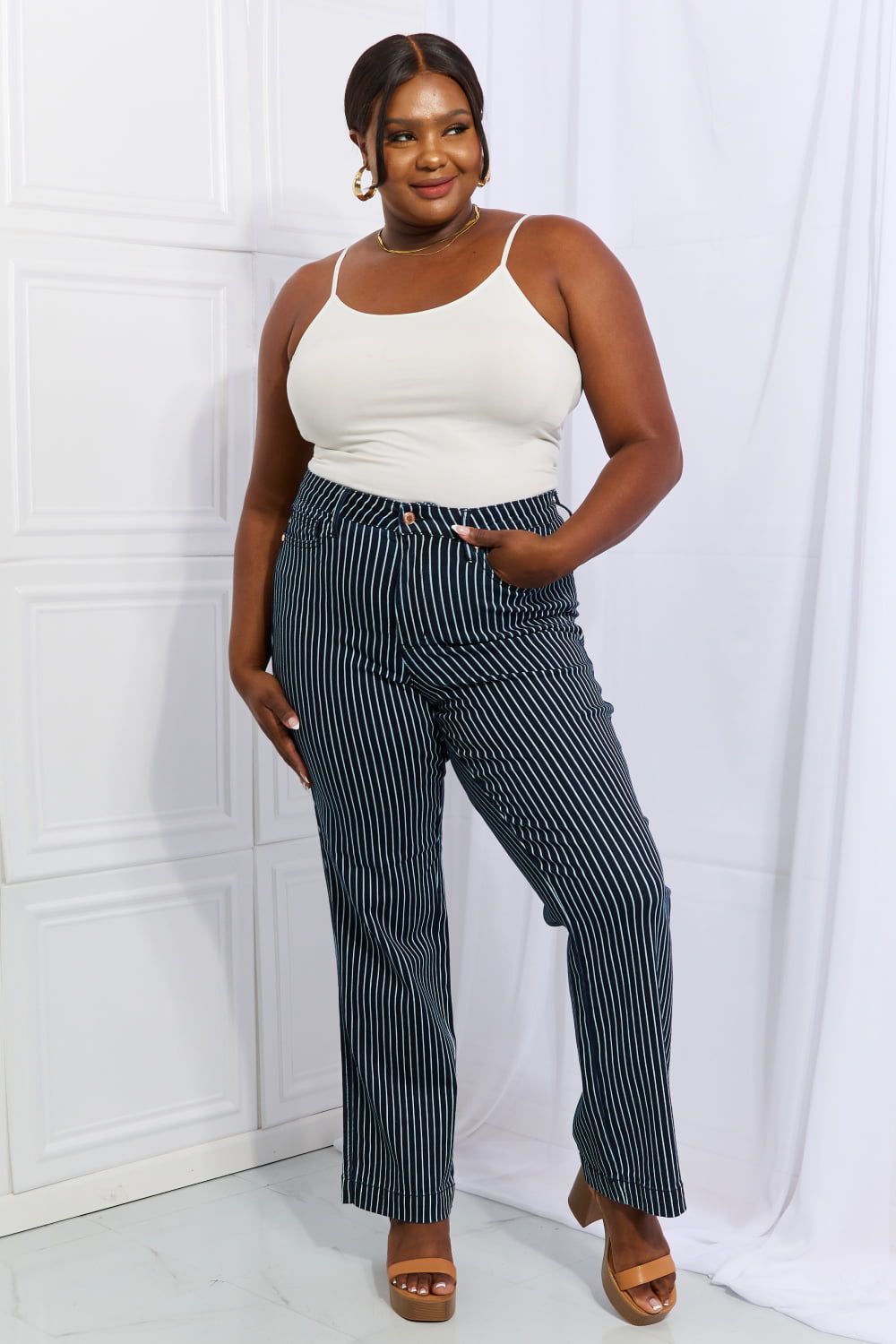 Stilla | Blue Cassidy Full Size Høj Talje Tummy Control Stribede Lige Jeans