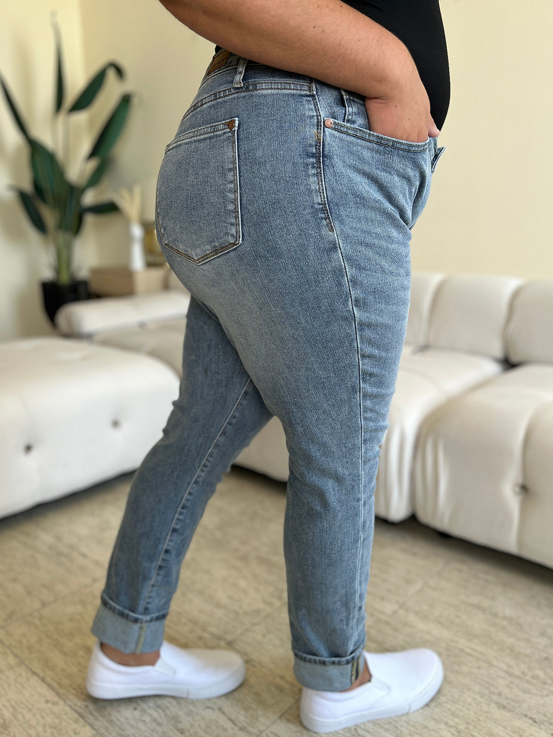 Stilla | Blå Størrelse Høj Talje Cuff Hem Skinny Jeans