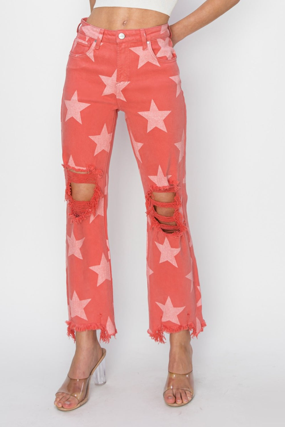 Stilla | Full Size Distressed Raw Hem Star Pattern Jeans