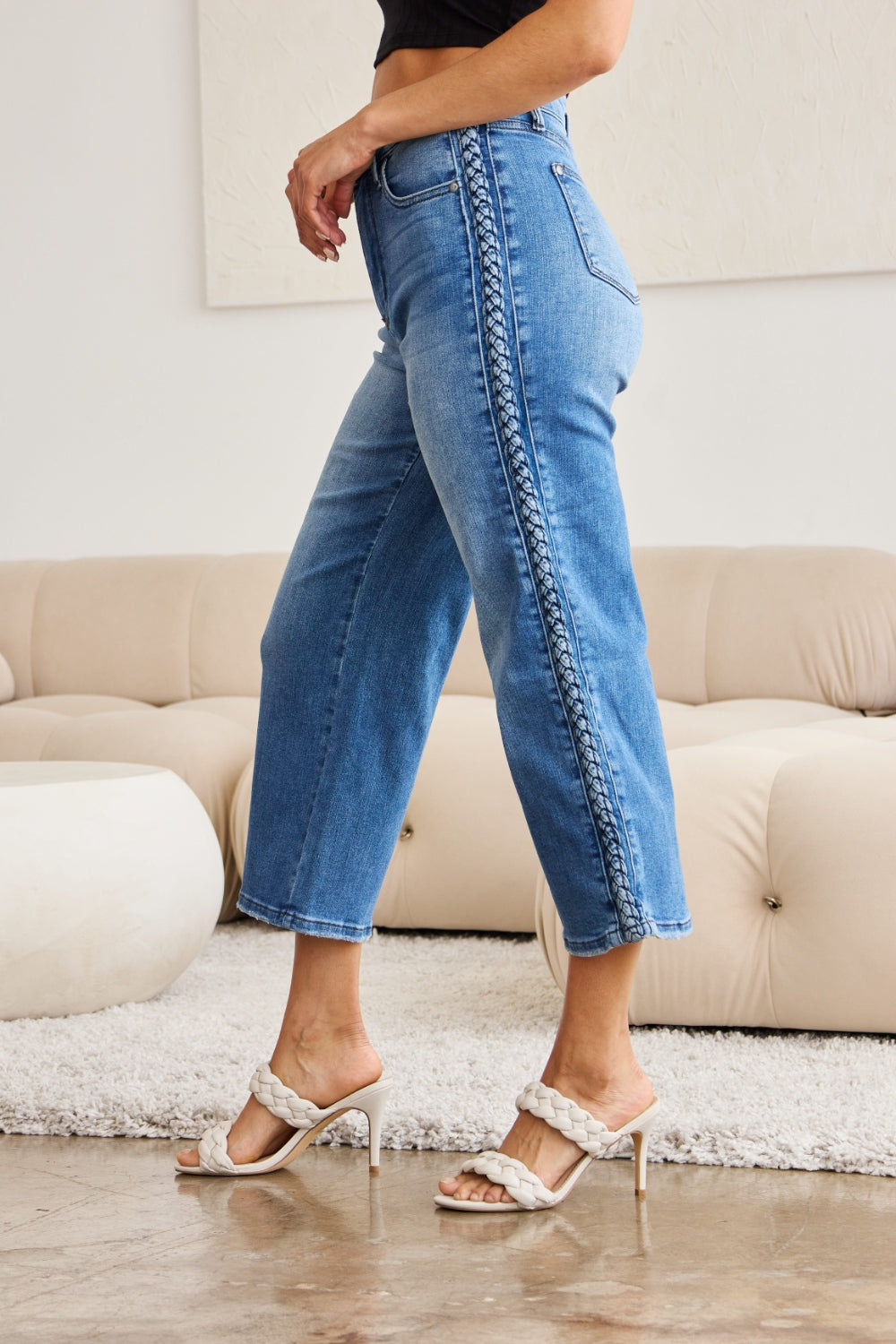 Stilla | Blå Plus Size Flet Side Detalje Bred Ben Jeans