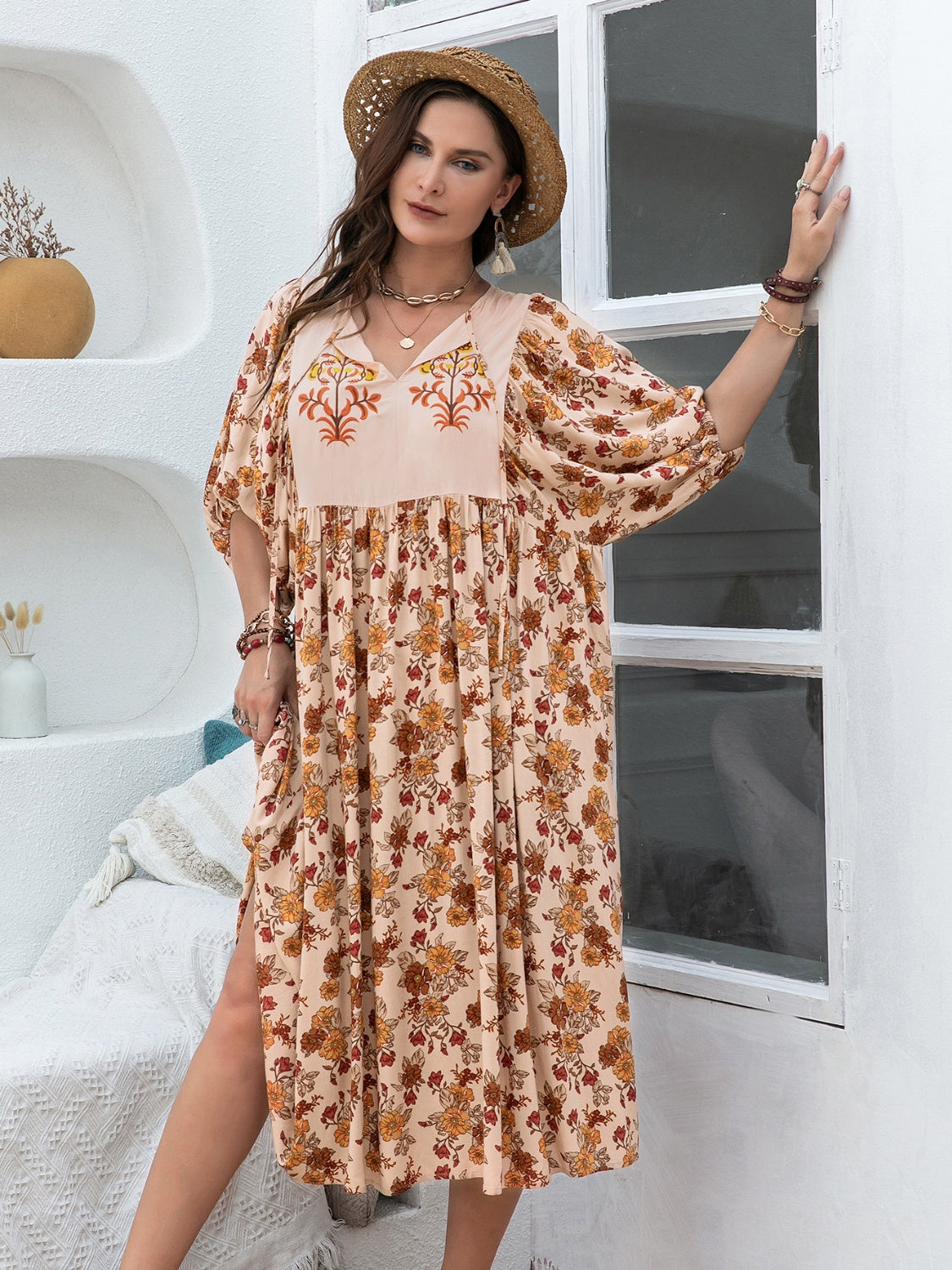 Stilla | Plus Size Printed Tie Neck Half Sleeve Midi Dress
