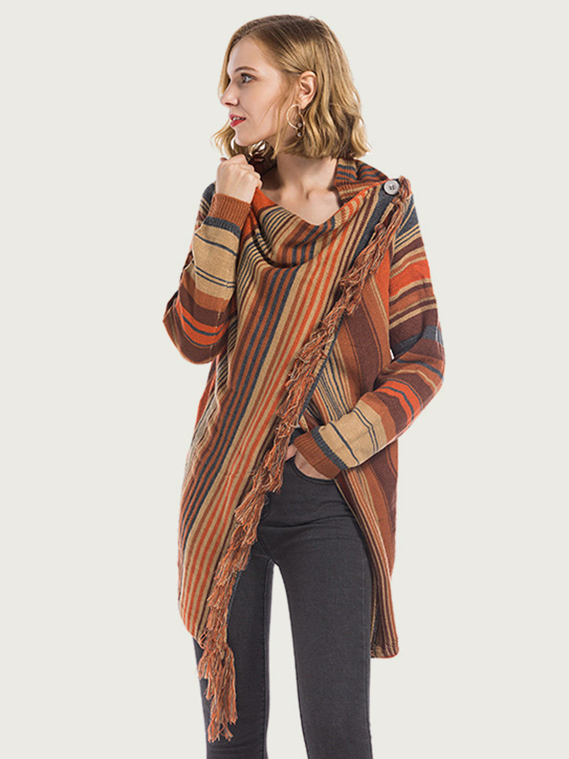 Stilla | Vinger Fringe Stribet Åben Front Langærmet Cardigan