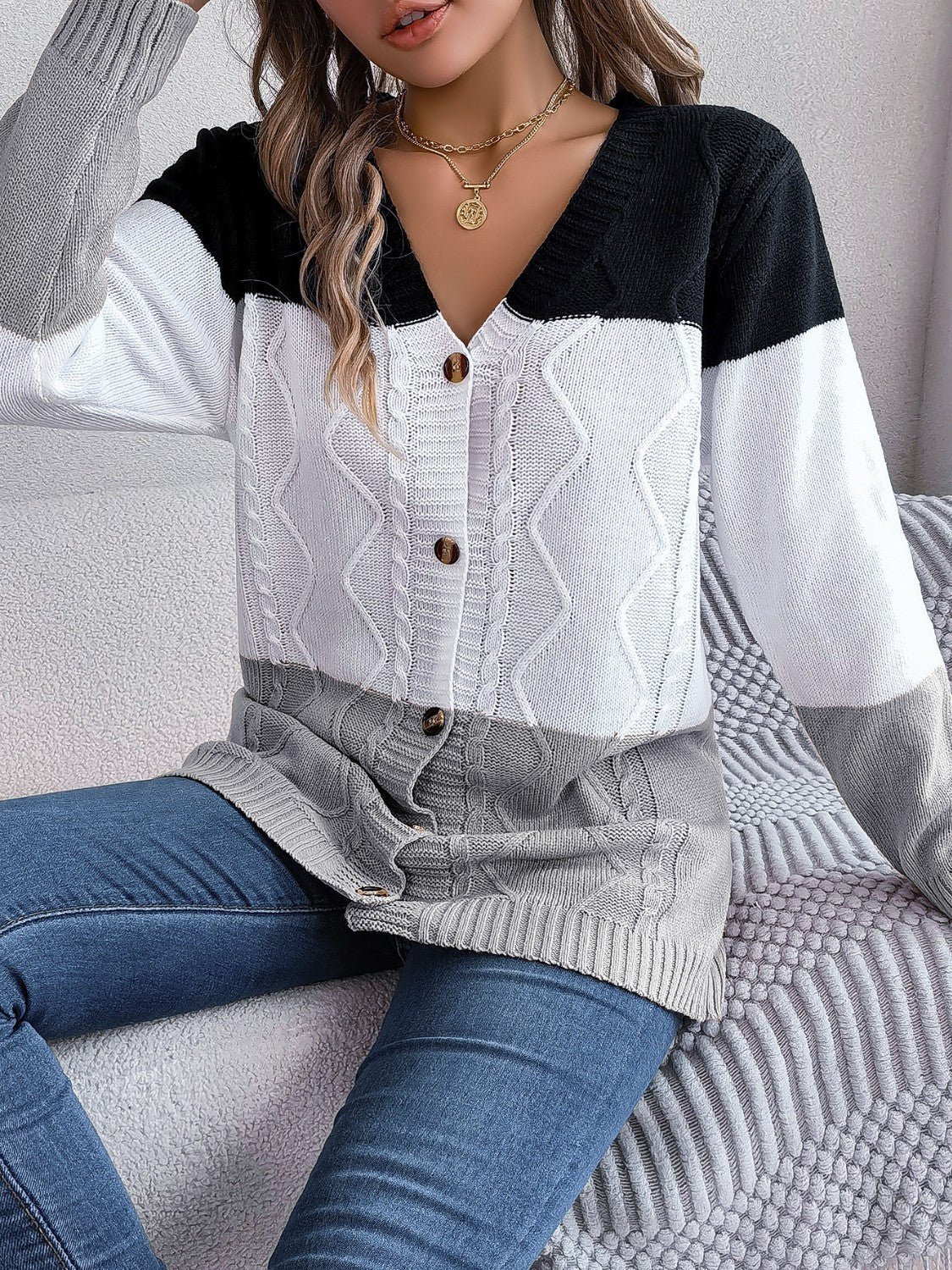 Stilla | Strikket Stribet Knappet Cardigan