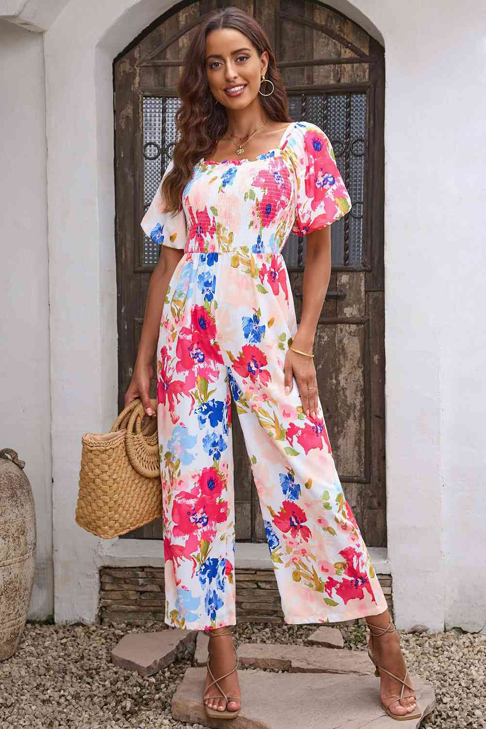 Stilla | Smocked firkantet hals jumpsuit