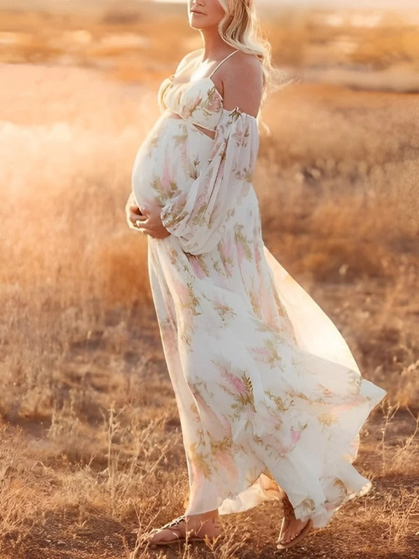 Stilla | Bianco Maxi Kjoler Elegante Premaman Romantisk Blomster Underkjole Skulderfri Boheme Velegnet Til Fotografering