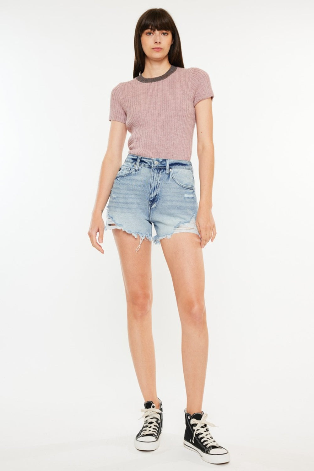 Stilla | Distressed High Waist Denim Shorts med lommer