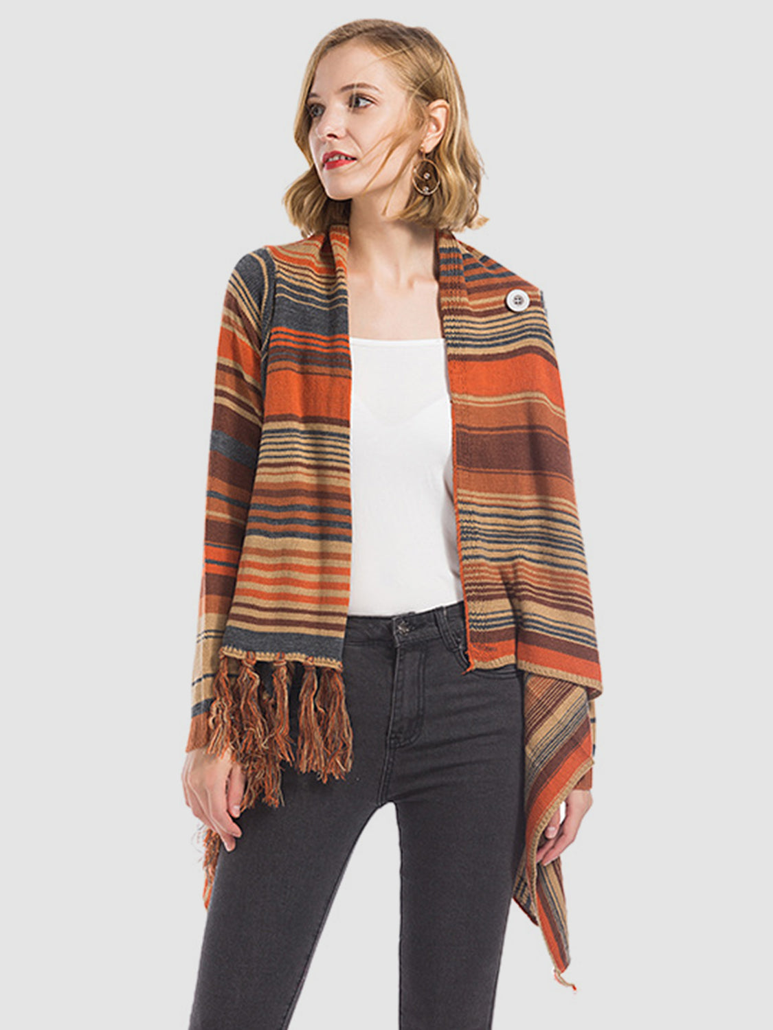 Stilla | Vinger Fringe Stribet Åben Front Langærmet Cardigan