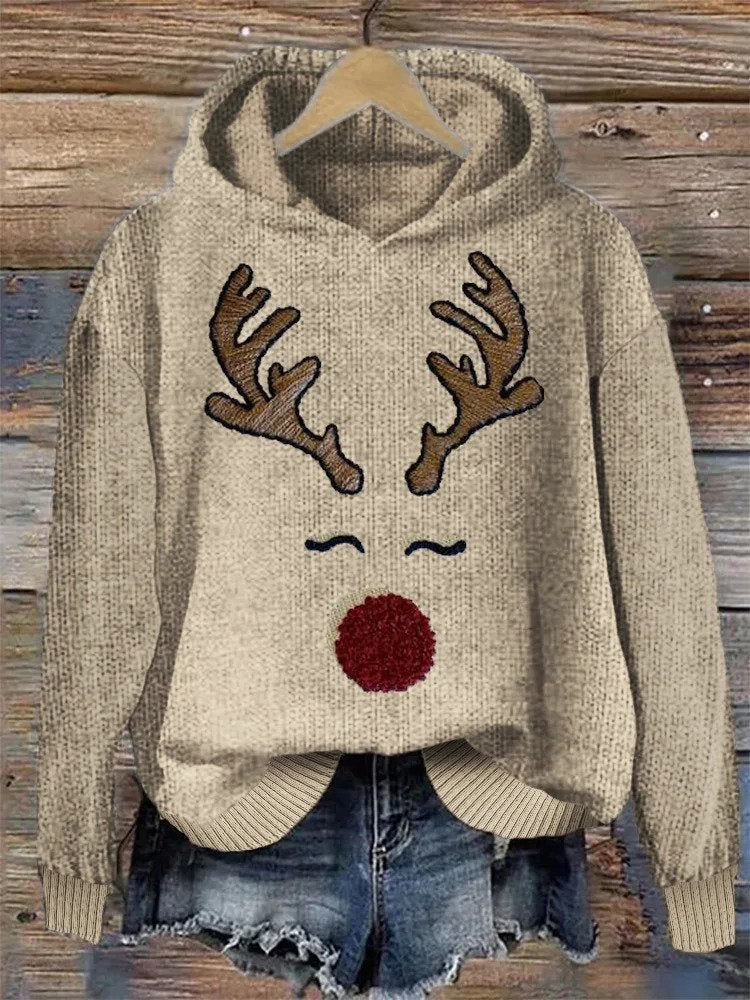 Stilla | Behagelig Strik Hoodie Med Jul Rens Ansigt Broderi