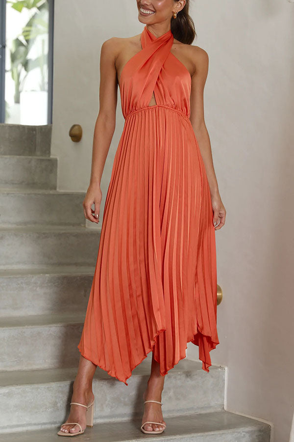 Stilla | Gina Satin Halterneck Plisseret Midi Kjole