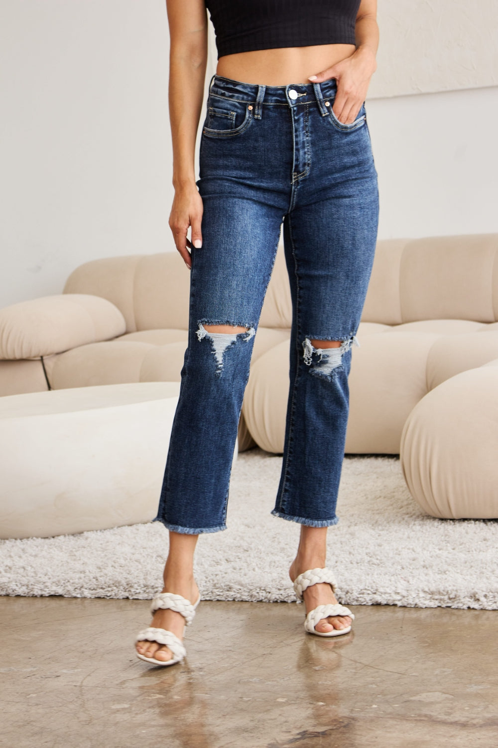 Stilla | Crop Dylan Full Size Mavekontrol Slidt Højtaljede Raw Hem Jeans