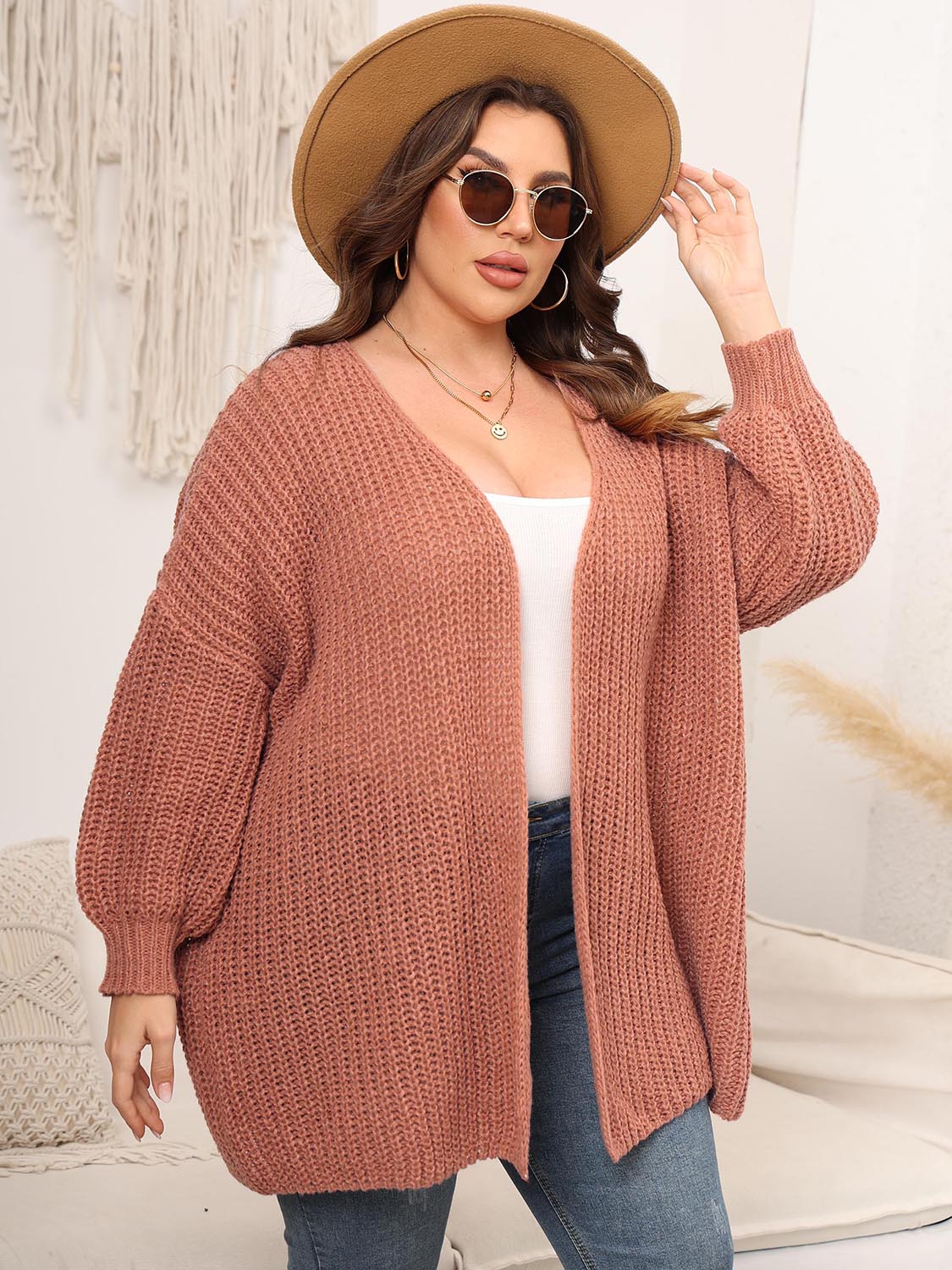 Stilla | Plus Size Åben Front Faldet Skuldre Strik Cardigan