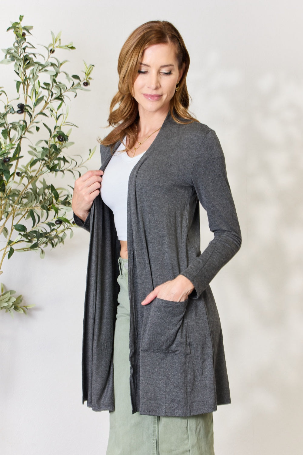 Stilla | Full Size Åben Front Cardigan med Lommer