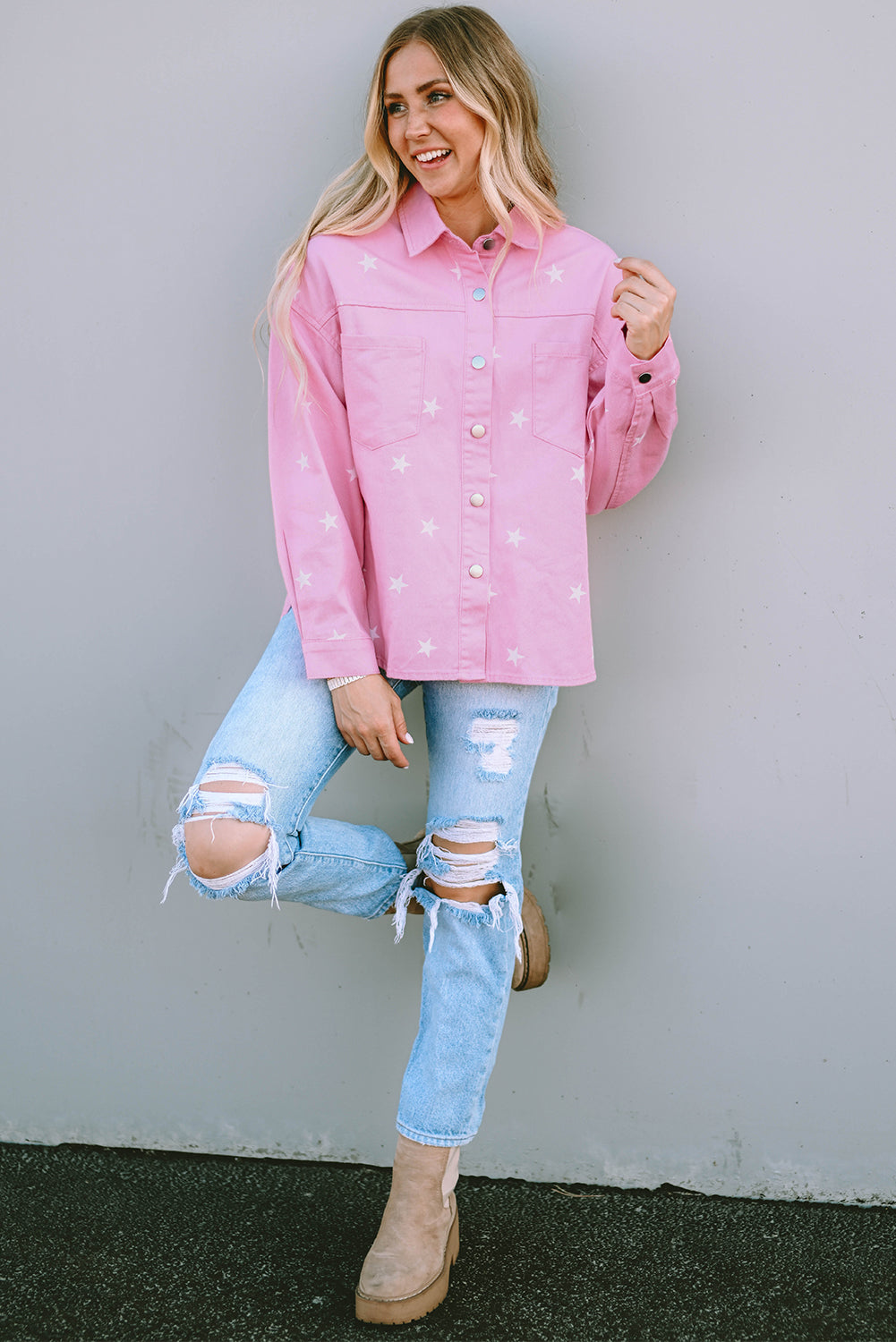 Stilla | Mønstret Button up Splittet Denim Jakke