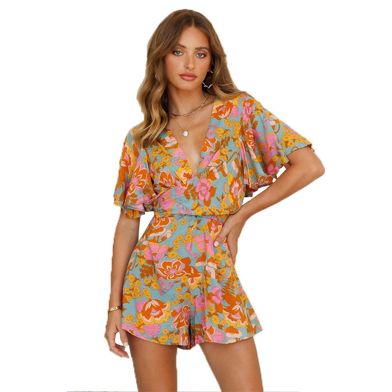 Stilla | Læder Jumpsuit med florale mønstre til kvinder, udskæring, korte ærmer, floralt mønster