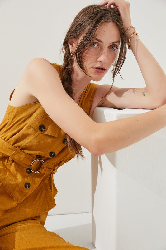 Stilla | Ærmeløs Firkantet Hals Knap Ankel Jumpsuit