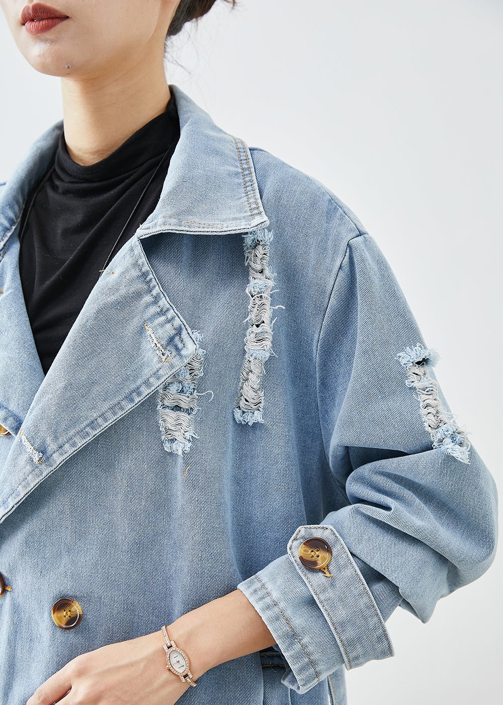 Stilla | Overdimensioneret Revnet Denim Frakke i Fuld Størrelse