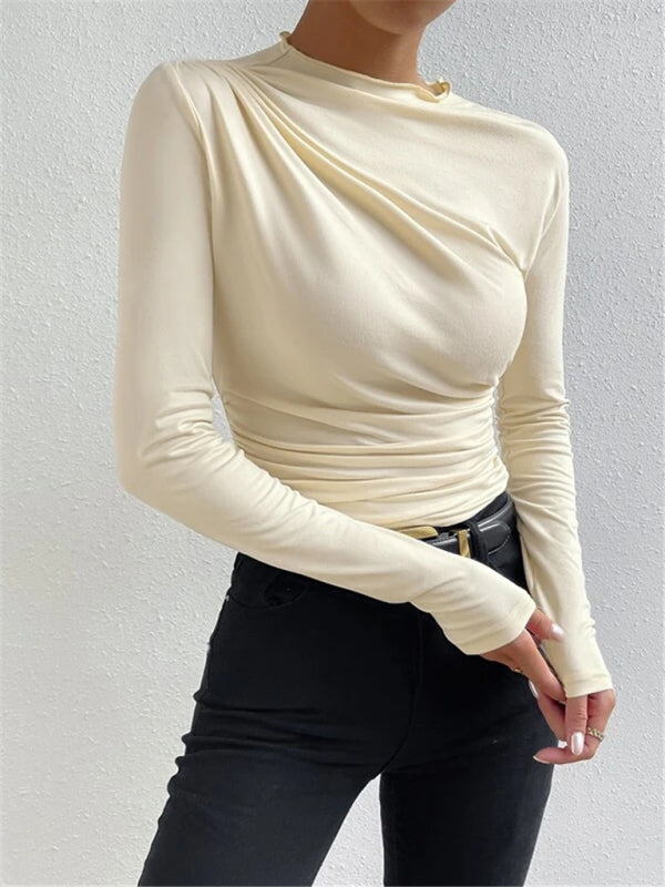 Stilla | Farve Slim Fit Alsidig Rynket Design Langærmet T Shirt Top