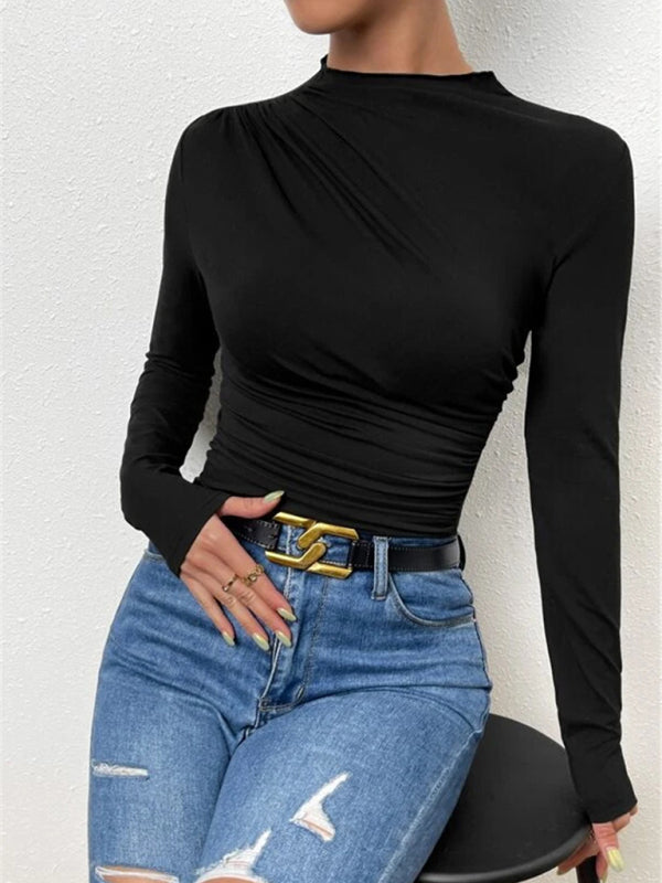 Stilla | Farve Slim Fit Alsidig Rynket Design Langærmet T Shirt Top