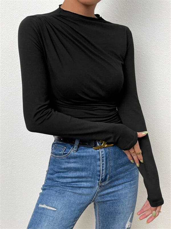 Stilla | Farve Slim Fit Alsidig Rynket Design Langærmet T Shirt Top