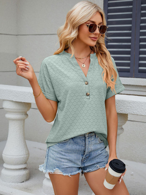 Stilla | V - Hals Knapper Solid Farve Cirkel Løs Kortærmet T Shirt