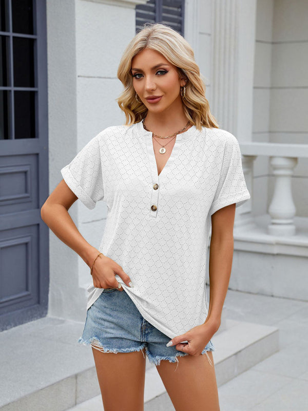 Stilla | V - Hals Knapper Solid Farve Cirkel Løs Kortærmet T Shirt
