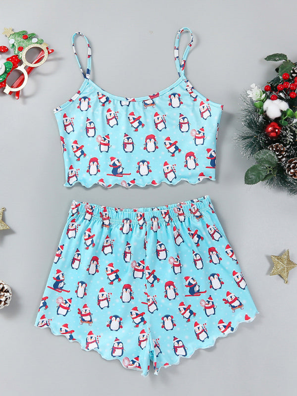 Stilla | Santa Claus Elk Print Uden Ærmer Shorts Simple Casual to Del Hjemmesko