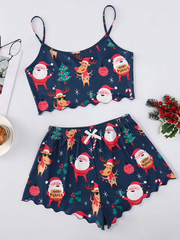 Stilla | Santa Claus Elk Print Uden Ærmer Shorts Simple Casual to Del Hjemmesko