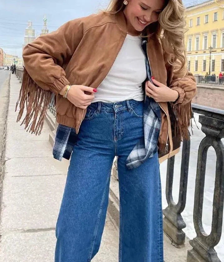 Stilla | Brun Ruskindsjakke Med Frynser
