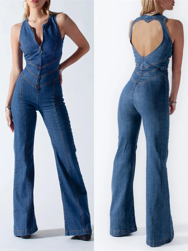 Stilla | Retrojeans-venetiansk jumpsuit med åben ryg. Trendy og elegant for et vintage-præg.